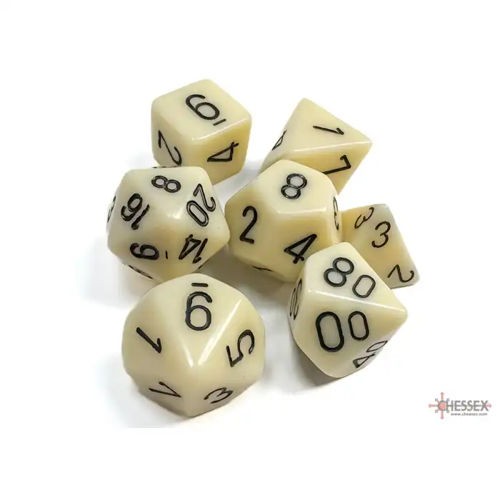 Set 7 RPG kostek - slonovinové s černými čísly