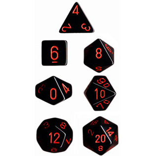 Set 7 RPG kostek - černé s červenými čísly
